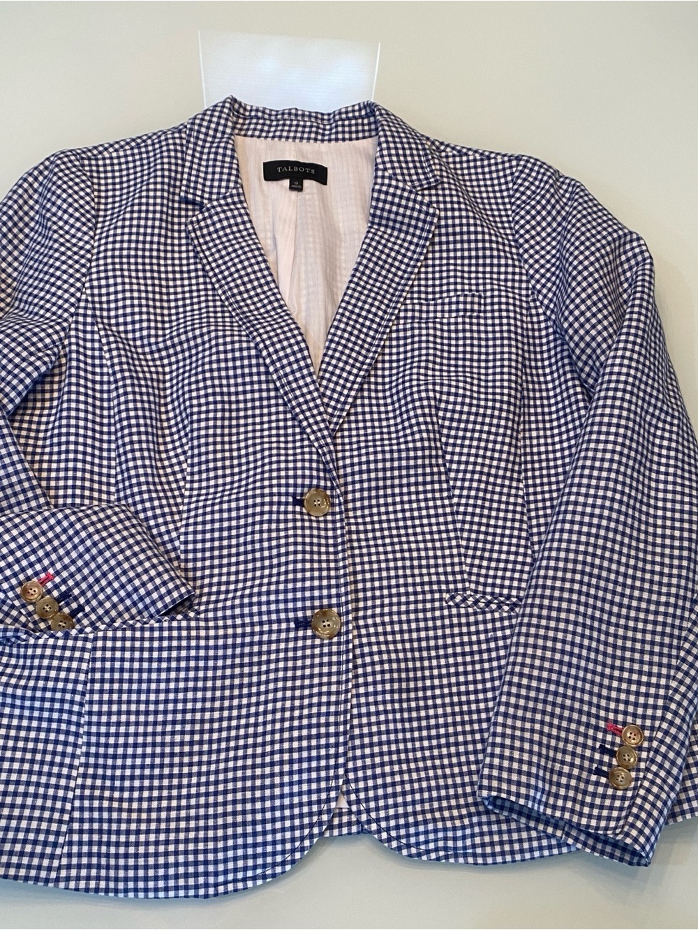 Talbots Blue White Gingham Linen Blend Single Breasted Blazer Jacket Size 12